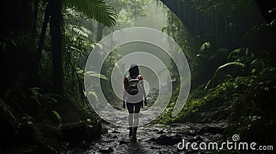A woman trekker in the rain forest, in the rain, with difficulty Stock Photo
