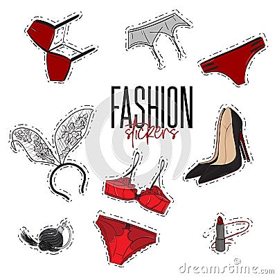Woman trendy fashionable stickers with bra, panties, intimates, perfume, garnet, lipstick, heels and bunny ears. Valentines Day ne Vector Illustration