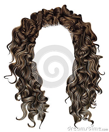 Woman trendy long curly brunette hairs wig brown . retro style . Stock Photo