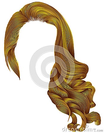 Woman trendy long curly hairs wig bright yellow colors . retro Vector Illustration