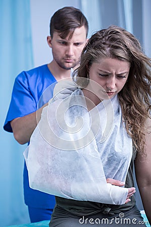 Woman with triangular bandage Stock Photo