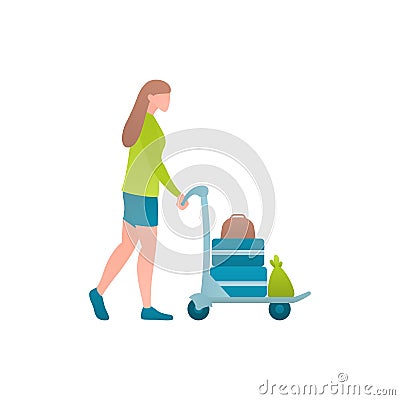 Woman with trolley in airport at flat vector illustration. Vector Illustration