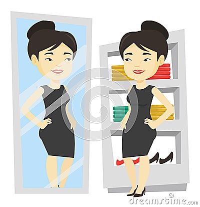 Woman trying on clothes in dressing room. Vector Illustration