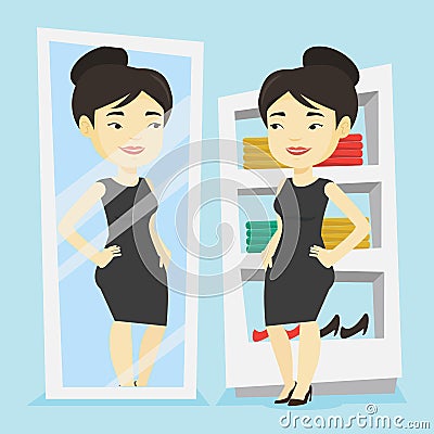 Woman trying on clothes in dressing room. Vector Illustration