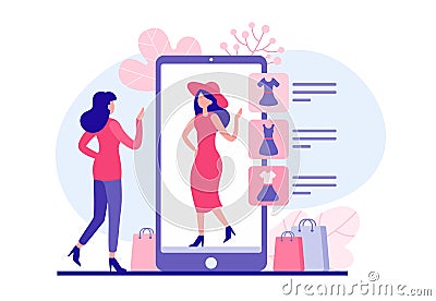 Woman trying clothes in web application illustration. Female character chooses red dress and hat from online store and Vector Illustration