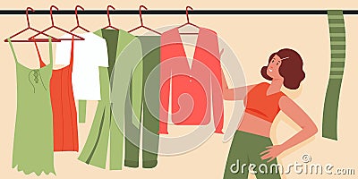 Woman trying to choose outfit clothes on wardrobe in morning, girl deciding what to wear Vector Illustration