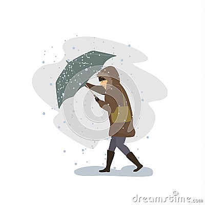 Woman trying to cope with strong wind and snow storm Vector Illustration