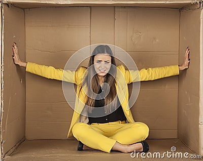 Woman trying to enlarge the office space Stock Photo