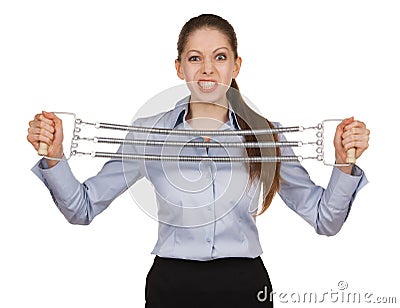 Woman trying to stretch the metal expander Stock Photo