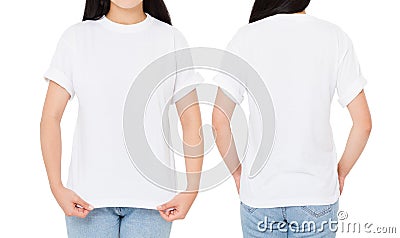Woman tshirt set,front back views t-shirt isolated on white, girl t shirt Stock Photo