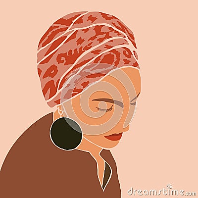 The Woman`s Face in the turban Minimal Style. Abstract Contemporary collage in a modern trendy style. Vector Portrait Vector Illustration
