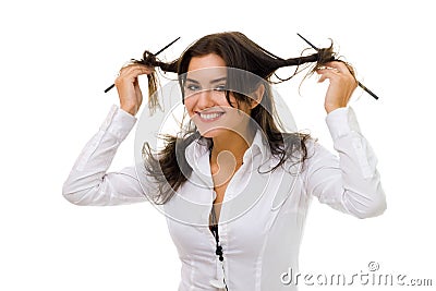 Woman twirl her hair with sticks Stock Photo