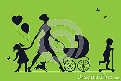 Woman with two children and dogs. Super mother walks Vector Illustration