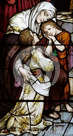 Woman with two children in stained glass Stock Photo
