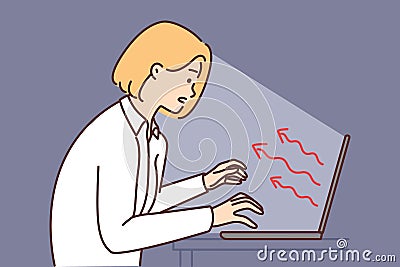 Woman is typing on keyboard, stretching hands to laptop that negatively affects health or psyche Vector Illustration