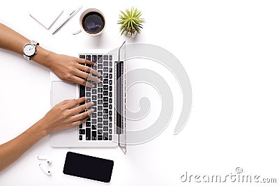 Woman typing on laptop on clean white office table with plant Stock Photo
