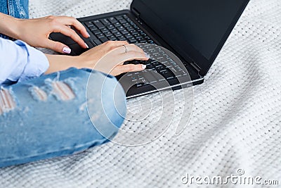 Woman typing laptop online income work home earn Stock Photo