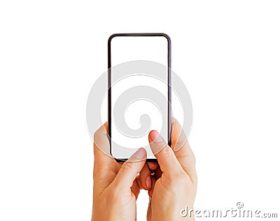 Person typing something on phone with empty white screen. Mobile app mockup. Stock Photo