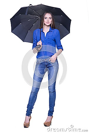 Woman with umbrella against white background Stock Photo