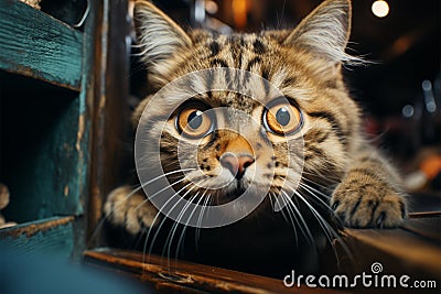 Woman uncovers fearful cat in cupboard wide eyes tell of its startled discovery Stock Photo