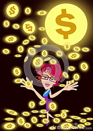 Woman under money rain Cartoon Illustration