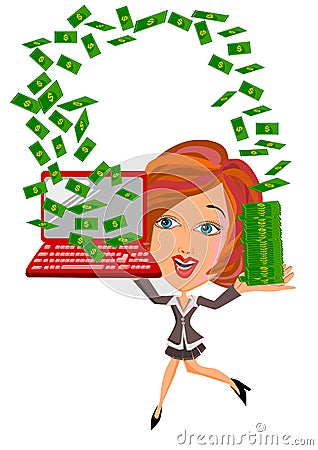 Woman under money rain Cartoon Illustration