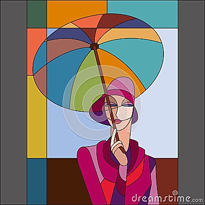 Woman under umbrella pattern. Art deco stained glass pattern. Vector Illustration