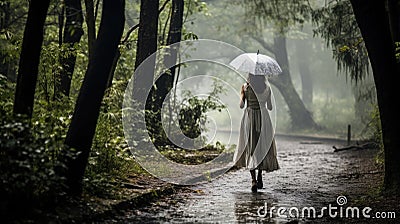 A woman under an umbrella walks in the rain along a path in the park. Late autumn, rainy wet weather. Stock Photo