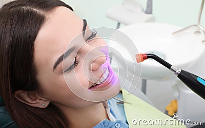 Woman undergoing teeth whitening procedure in clinic Stock Photo