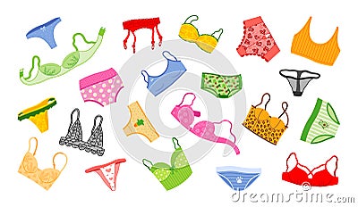 Woman underwear lingerie. Sexy panties or brassiere. Bikini and bra. Underclothes accessory. Female breast and lady Vector Illustration