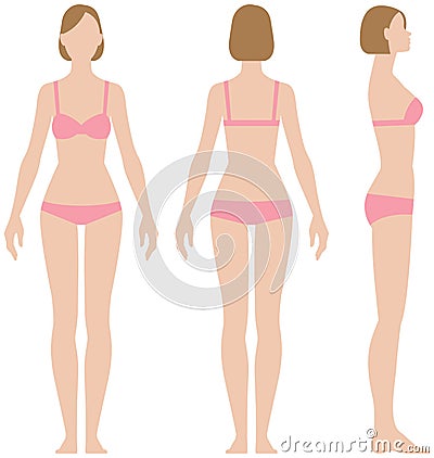 Woman in underwear in three projections front view side and back Vector Illustration