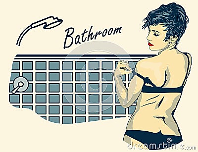 Woman undressed in the bathroom. Retro-styled vector image. Vector Illustration