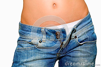 Woman with unfastened jeans Stock Photo