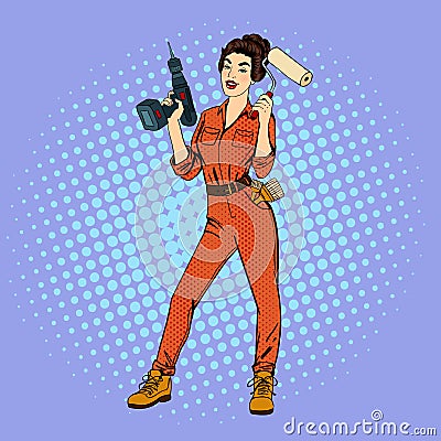 Woman in Uniform. Girl with Roller Brush. Woman Doing Repairs. Vector Illustration