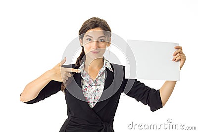 Woman in uniform with white placard in hands Stock Photo