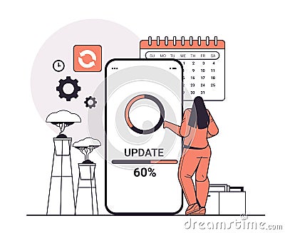 woman updating operating system update process install new software on smartphone horizontal Vector Illustration