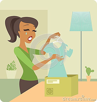 Woman upset by a parcel with defective goods Vector Illustration