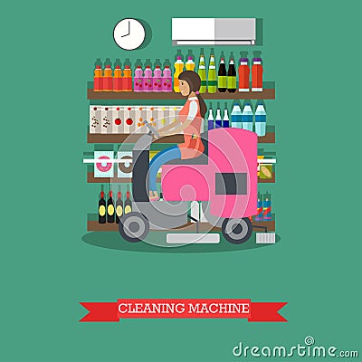 Woman use cleaning machine to clean floor, grocery store. Vector Illustration