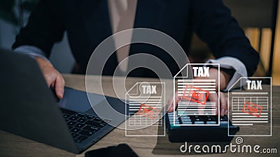 Woman use a computer filling out corporate and personal income tax return, Corporate and individual tax payment concept, VAT, and Stock Photo