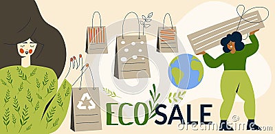 Woman use eco friendly no plastic reusable and recycle kraft pack. Recycling, zero waste, Earth day or go green concept Vector Illustration