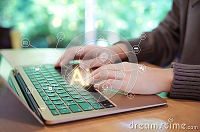 Woman use laptop to work on AI and artificial intelligence automation. Computer connection with information intelligent technology Stock Photo