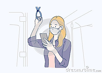 Woman use a smartphone with mask face protection and keep social distancing Vector Illustration