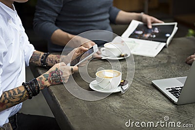 Woman Use Tablet Coffee Cafe Stock Photo