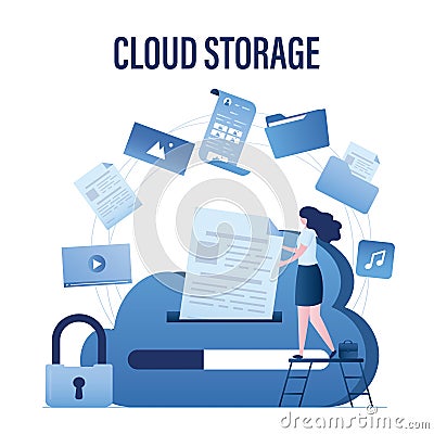 Woman user puts file in cloud storage. Upload and download data with remote servers via cloud technologies. Information storage Vector Illustration