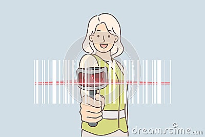 Woman uses barcode scanner to track goods in storage or transport across warehouse Vector Illustration