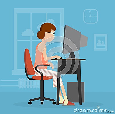 woman uses a computer flat style Vector Illustration