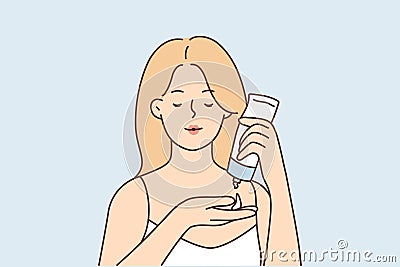 Woman uses facial moisturizer cream and holds tube, squeezing anti-aging lotion into palm Vector Illustration