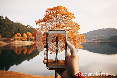 Woman uses mobile phone outdoor for taking a photo in the autumn park Stock Photo