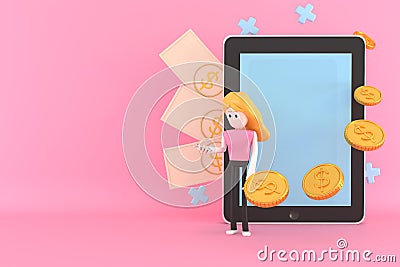 A woman uses a mobile phone and a tablet to make money. 3d illustrator Stock Photo