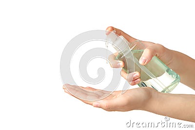 Woman uses a sanitizer for her hands cleaning hands for prevent corona virus covid-19. Isolated on white Stock Photo